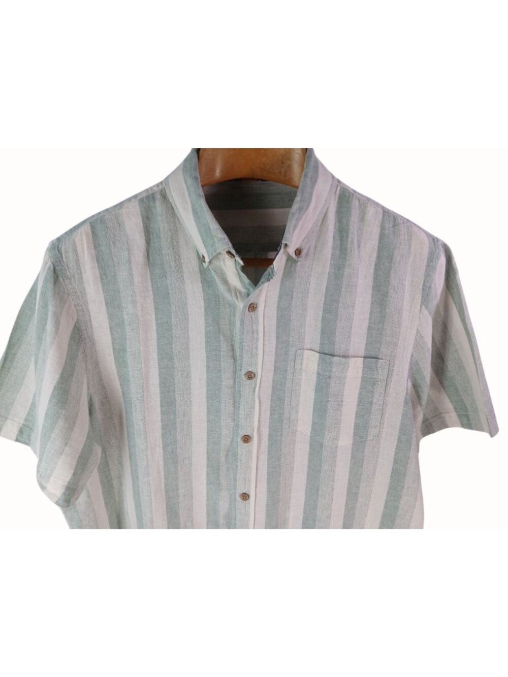 Tailor Vintage Mens Green White Striped Puretec Cool Linen Button Shirt Size L - Picture 3 of 13